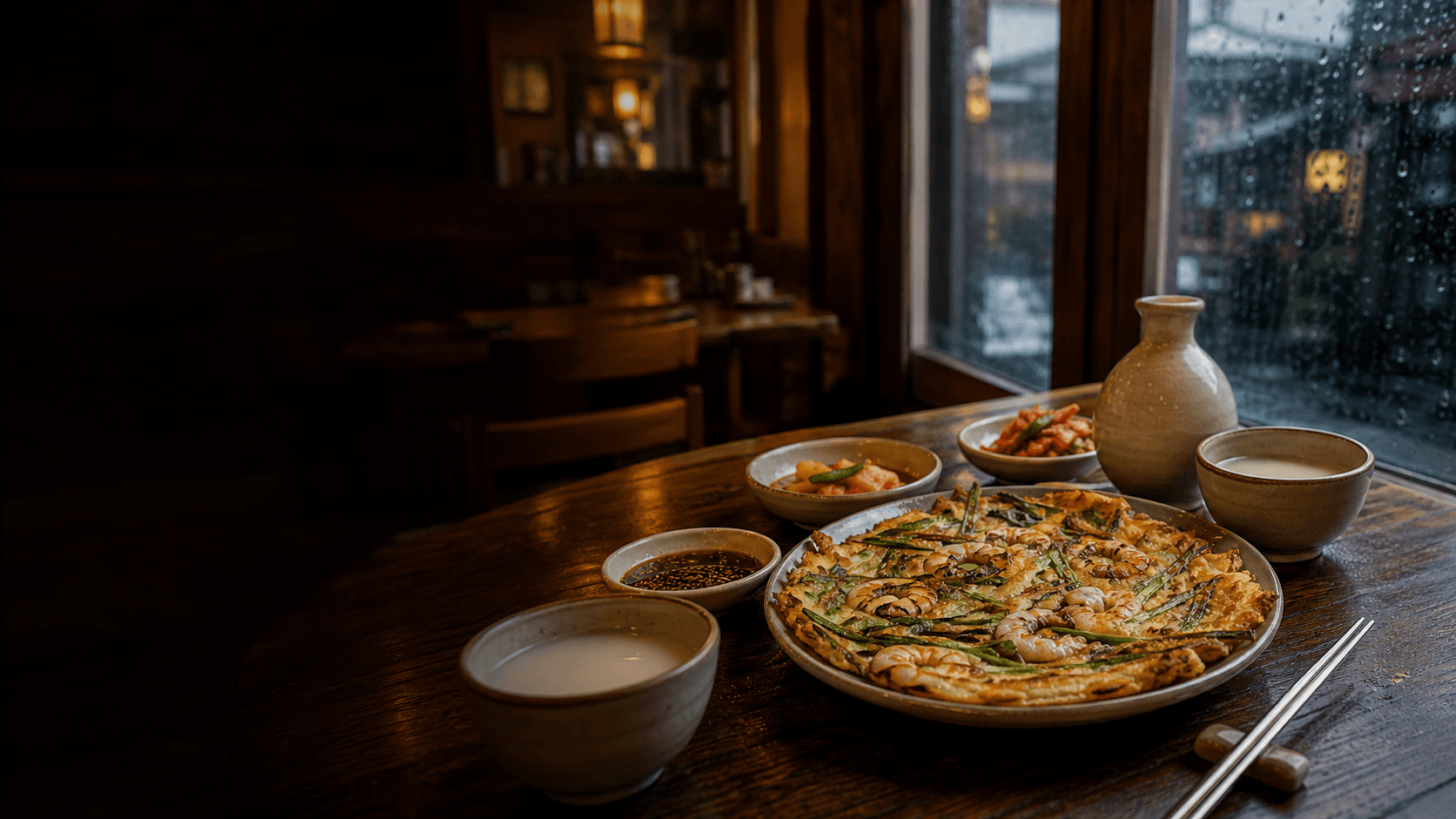 Pajeon and makgeolli on a rainy day in Korea